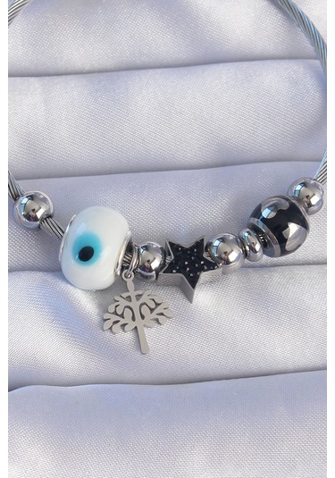 316l Çelik Gümüş Renk Siyah Zirkon Taşlı Yıldız Tasarımlı Ağaç Detay Nazarlı Charm Bileklik - Tj-bb6198 Diğer
