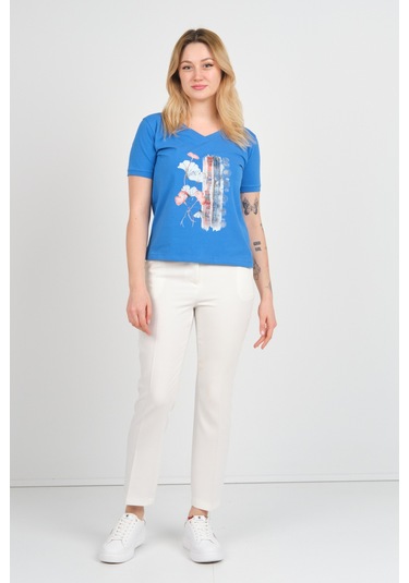 Sistas Kadın Baskı Desenli V Yaka Kısa Kollu Pamuklu Bluz 24100 Saks Saks