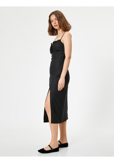 Koton Uzun Elbise Keten Karışımlı Askılı Yırtmaçlı Önü Bağlamalı Siyah 4sal80043ıw Siyah