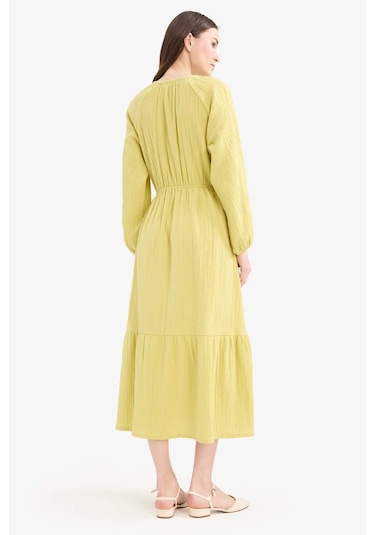 DeFacto Relax Fit Bisiklet Yaka Müslin Uzun Kollu Maxi Tesettür Elbise D0570AX25SMGN730