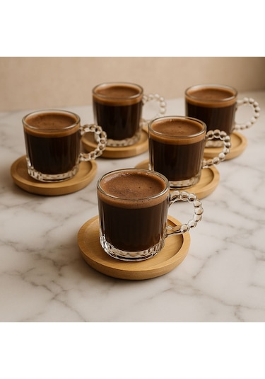 6 Kişilik 12 Parça Cam Bambu Tabaklı Kahve Fincan Takımı Seti 130ml Şeffaf
