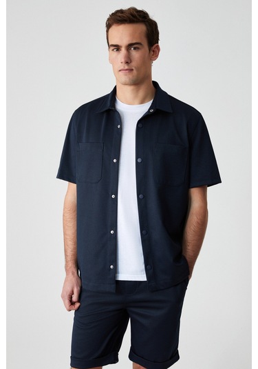 MELOS Erkek Kısa Kollu Cepli Çıtçıtlı Relaxed Fit Lacivert Gömlek
