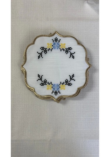 Nivemeshome Kanaviçe Nakışlı Sarı-mavi Oval 6 Adet Keten Kokteyl Peçetesi Kahve Yanı Sunumluk Çok Renkli