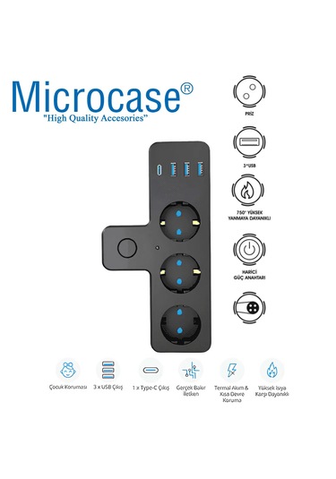 Microcase Termal Akım Korumalı 3 Lü Priz 3 Usb 1 Type C Girişli Uzatma Kablosu Ftr-12 Al4845