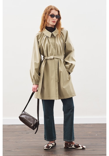 Oversıze Bağlamalı Midi Trençkot Haki Haki
