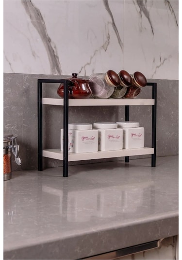 Dione Store Masaüstü Mutfak-banyo Rafı Tezgah Üstü Düzenleyici Baharatlık Raf Metal-ahşap Masa Üstü Servis Rafı Siyah