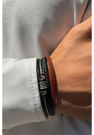 Taşlı Örgülü El İşçiliği İle Üretilmiş Hakiki Deri Erkek Bileklik Siyah - Gümüş