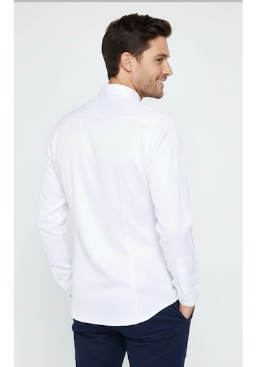 Yxc Trend Maker Slim Fit Uzun Kollu Kolay Ütü Teri Emen Nefes Alan Doku Kravatlık Dört Mevsim Erkek Gömlek Beyaz