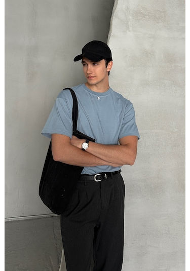 Hyman Erkek %100 Pamuk Oversize Basic T-shirt Açık Mavi
