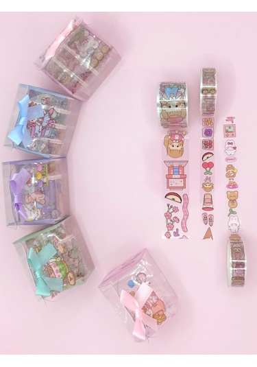 Fiyonk Çantalı Şirin Kız Ayı Tavşan Şeffaf Desenli Bant - Pembe 1