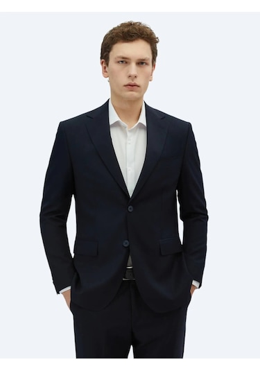 Lacivert Desenli Modern Fit Yün Karışımlı Takım Elbise Lacivert