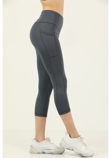 Kadın Antrasit Yüksek Bel Toparlayıcı Çift Cepli Diz Altı Kapri Tayt Capri Slim Fit 1054 Antrasit