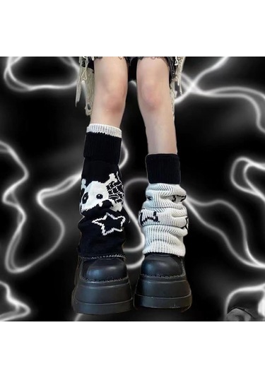 Padalink Çift Taraflı Yıldız Desenli Dikişli Polyester Kadın Bilek Çorabı Siyah-beyaz Kuzu Desenli Isı Sağlayıcı Bilekliği Siyah