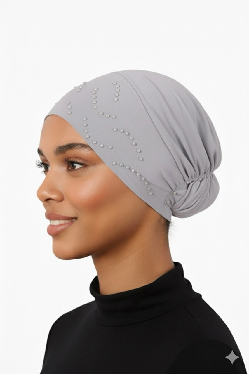 Topuzlu Açık Gri Hazır Türban Tesettür Bone Açık Gri