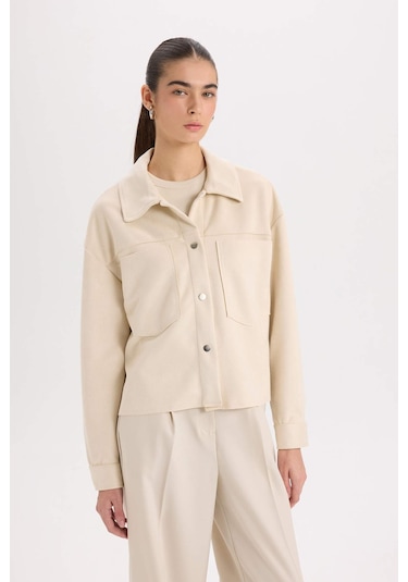 DeFacto Crop Çıtçıtlı Cepli Süet Gömlek Ceket B2983AX24WNBG74 Bej