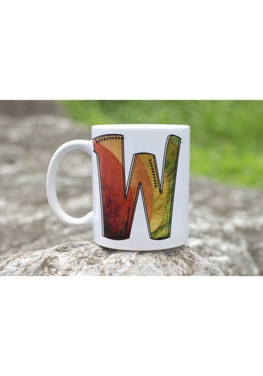 W Harf Yaprak Renkleri İle Kupa Bardak - Kişiye Özel Alfabe Harfli Bardak - Hediye Beyaz