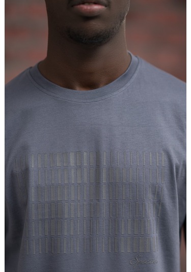 Slim Fit Pamuklu Önü Baskılı Sıfır Yaka T-shirt Gri