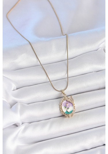 Zarif Kadın İçin Golden Çelik Zincir Alaca Mineli Çiçek Zirkonlu Portre Kolye Metalik