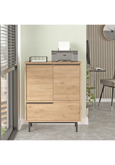 Robin Home Lidya Ofis Dolabı 3 Kapaklı Metal Ayaklı Sepet Kahve