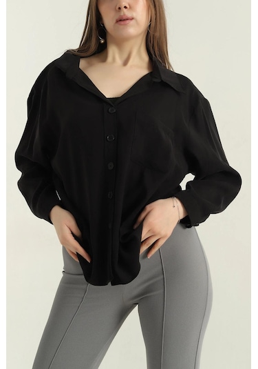 Ribana Tek Cep Modal Oversize Kadın Gömlek Siyah