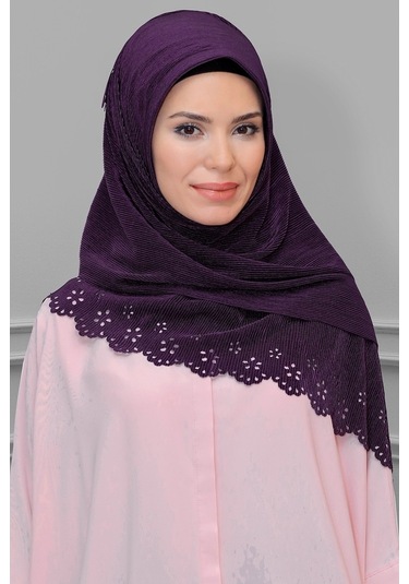 Mürdüm Pratik Hazır Geçmeli Tesettür Eşarp Fukuro Piliseli Çiçek (545491360) Mürdüm