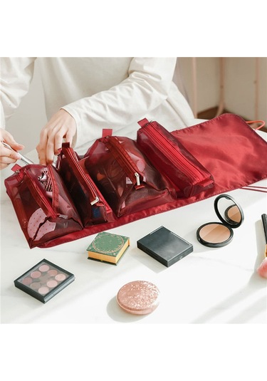4'lü Kadın Kozmetik Çantası, Fermuarlı, Ayrılabilir, Katlanabilir, Makyaj Fırça Çantası 6