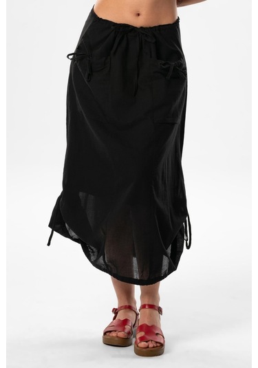 Gökşen Vual Bağlama Ve Lastik Detay Midi Boy Yazlık Otantik Etek Siyah Syh-siyah Siyah