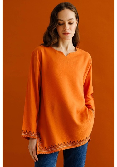 Kadın Kolu Ve Eteği Yırtmaçlı Eteği Nakışlı Bluz Turuncu Turuncu