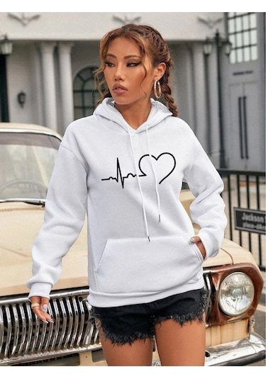 Kadın Kalp Çizgi Baskılı Oversize Beyaz Kapşonlu Sweatshirt Beyaz