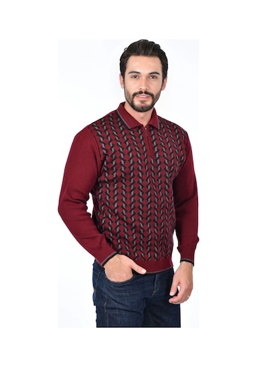 Kamalı Erkek Çelik Örgü Gömlek Yaka Fermuarlı Polo Yakalı Tüylenmez Triko Kışlık Baba Kazak Bordo
