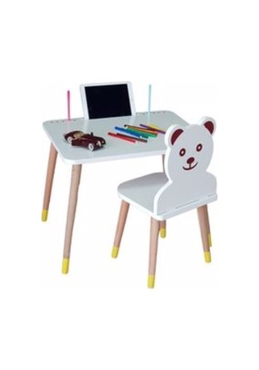 LİVA AHŞAP Çocuk Aktivite Masa Sandalye Takımı Tekli Ayıcıklı Beyaz - Sarı