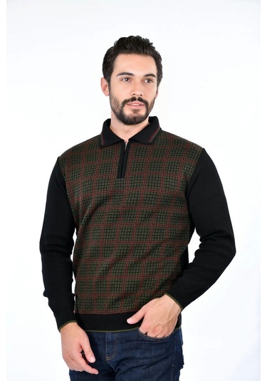 Kamalı Erkek Çelik Örgü Kazayağı Gömlek Yaka Fermuarlı Polo Yaka Tüylenmeyen Triko Kışlık Baba Kazak Siyah