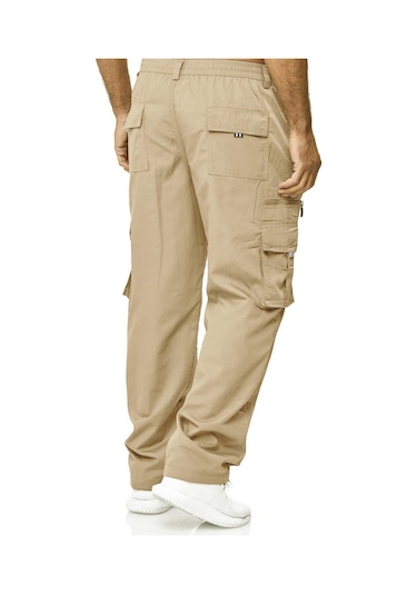 Erkek İlkbahar Ve Sonbahar Düz Paça Düz Renk Kargo Pantolon Günlük Çok Cepli Uzun Pantolon Bol Kesim Açık Hava Fitness Pantolonu Haki