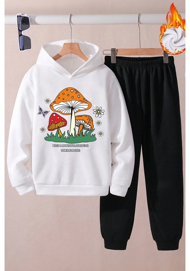 Mantar Baskılı Erkek - Kız Rahat Eşofman Takımı Beyaz