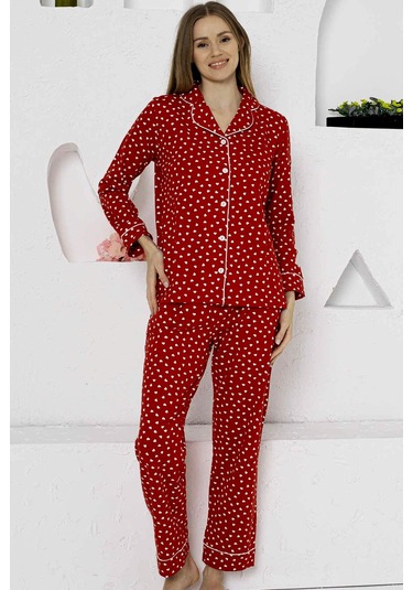 Alimer Kadın Kırmızı Kalpli Gömlek Yaka Pijama Takımı Edy2764uk-k Kırmızı