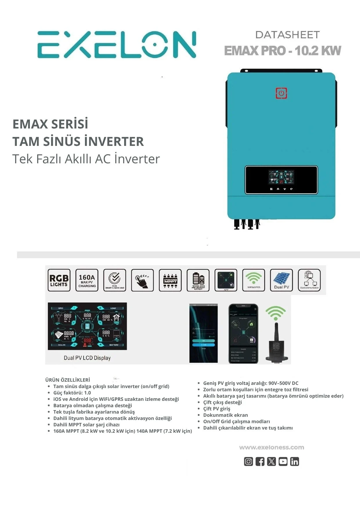 Exelon 10.2kw Akıllı Hibrit Solar İnverter 48v Çift Mppt Wifi Tek Faz