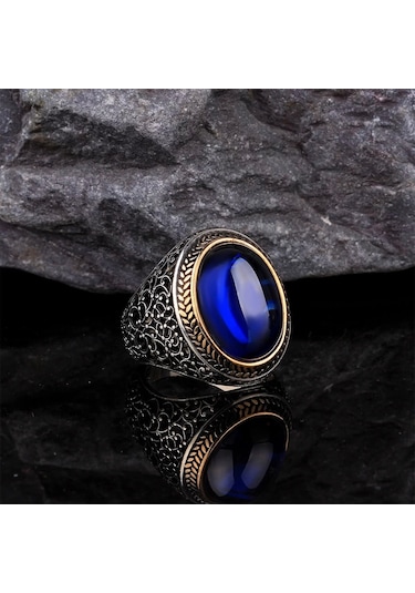 Lacivert Zirkon Taşlı Gümüş Erkek Yüzük Silver 925 Ayar