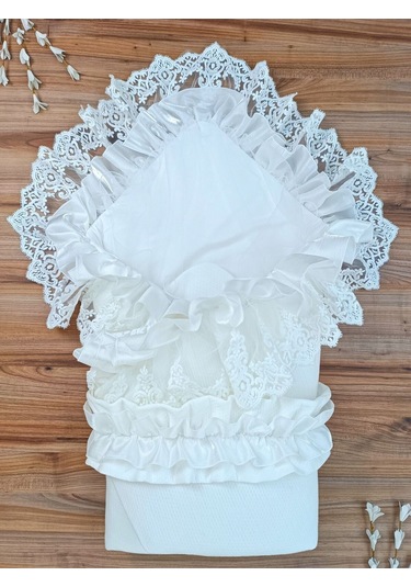 Dantelli Bebek Battaniyesi %100 Pamuklu Doğal Organik Uyku Kundağı Hediyelik Yenidoğan Mevlütlük Ekru