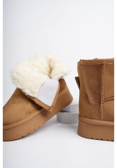 Muggo MİXS Garantili Kalın Taban İçi Tüylü Cırtlı Günlük Mini Çocuk Bot Taba