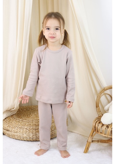 Zuzunga Basic Fitilli İnterlok Kumaş Pamuk 1-5 Yaş Vizon Bebek Pijama Takımı