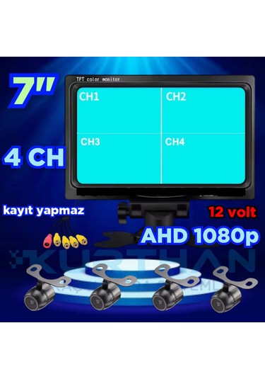 Kayıtsız 7 İnç Ekran 4 Adet Ahd 1080p Kamera Seti 12 Volt