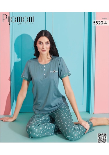Pijamoni Kadın Viskoz Likralı Düğme Yaka Kaşkorse Patlı Kısa Kol Pijama Takımı 5520-4 / 1 Adet Yeşil