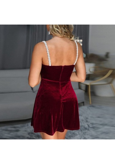 İnci Askılı Skater Kloş Kadife Gece Kokteyl Davet Akşam Yemeği Elbisesi Kırmızı