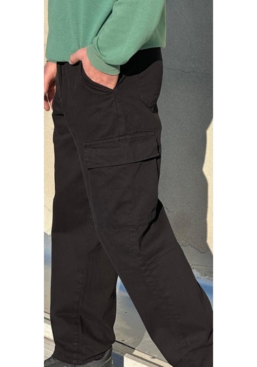 Erkek Baggy Siyah Kargo Pantolon Siyah