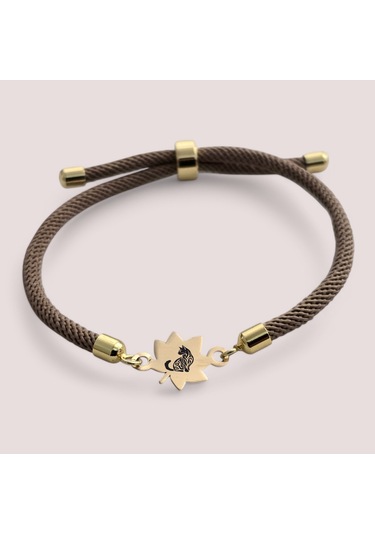 Kedi Temalı 14 Ayar Altın Plakalı Yaprak Figürlü Örgülü Hediye Bileklik-331sembol-kahverengi Altın