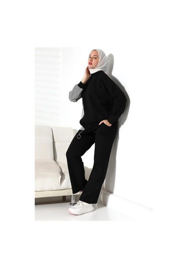 Kadın Mevsimlik Alt Ve Üst Rahat Siyah Spor Tesettür Takım Siyah