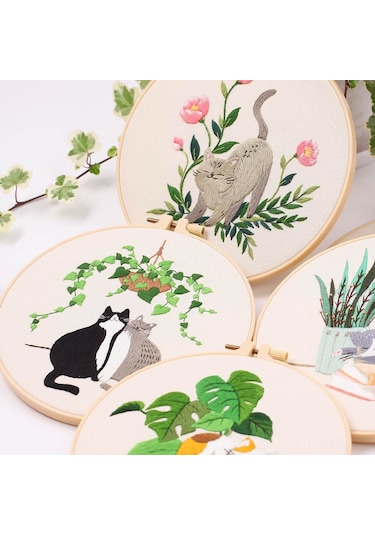 Mufunye Dıy Kedi Desenli İpek İşleme Seti - 30x30cm Kumaş, 20x20cm Taha, Tüm Malzemeler Dahil - Başlangıçcı Dost Ev Dekoru El Sanəti Paketi