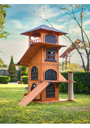 Mandu Ahşap 4 Katlı Teraslı Kedi Evi Tırmalama + Mama Kaplı