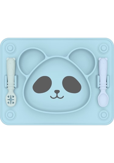Sones Bebek Entegre Vakumlu Bardak Izgara Yemek Tabağı Çocuk Panda Silikon Yapıştırıcı Tabaklar Çatal Ve Kaşıkla Gök Mavisi