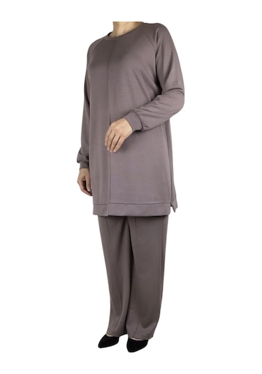 Kadın Tunik Önü Dikişli Altı Bantlı Pantolon Beli Lastikli Önü Dikişli İkili Takım Vizon